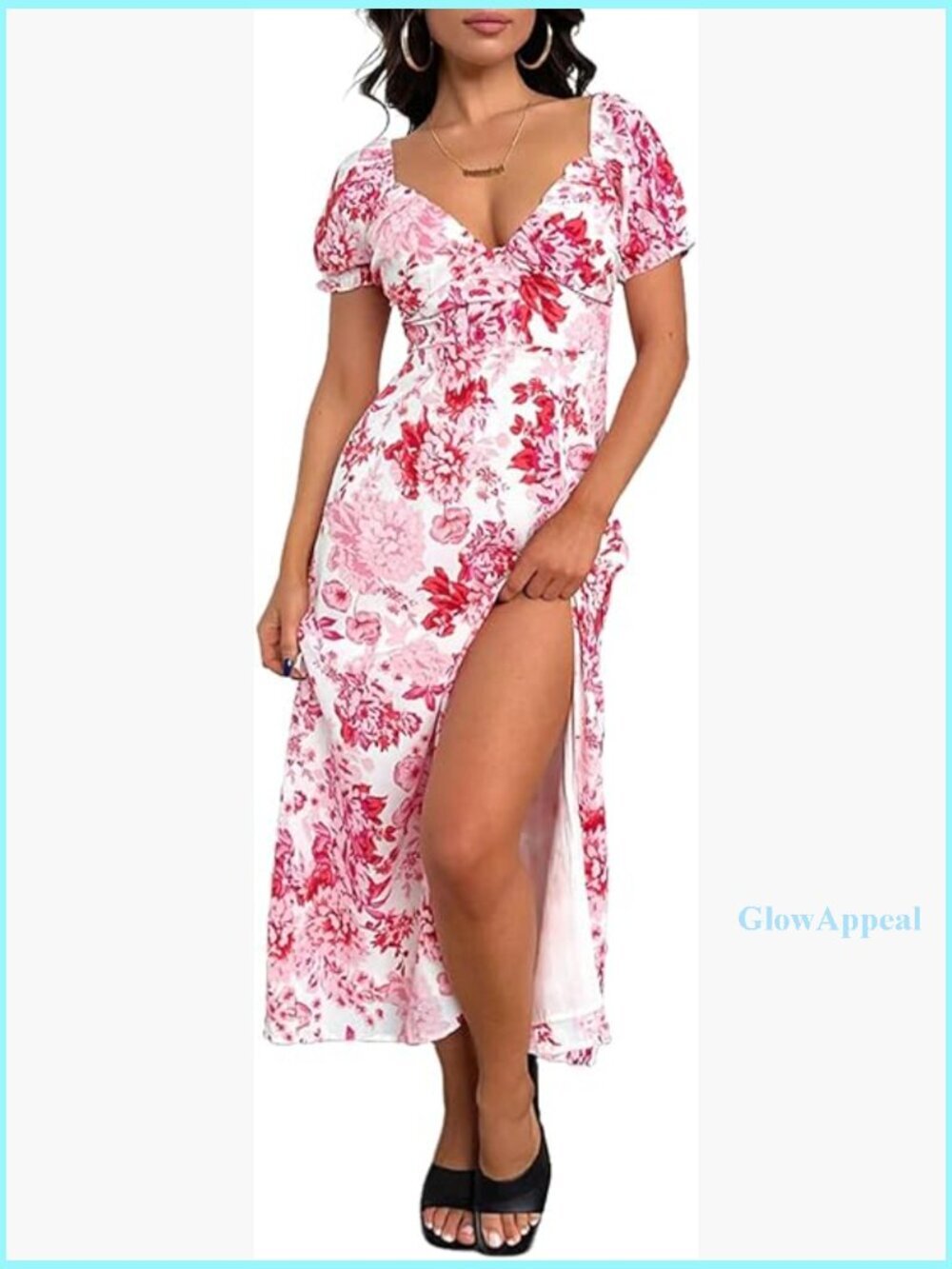 Floral Midi Dress Sweetheart Neck Puff Sleeve Side Slit Summer